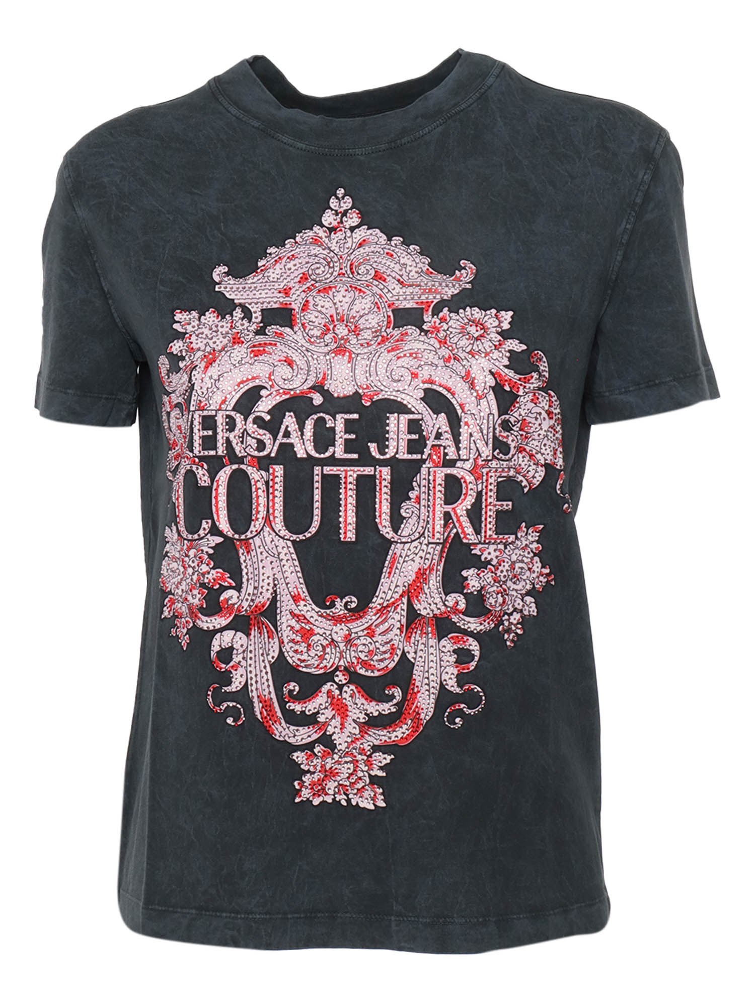 Versace Jeans Couture Embellished Baroque-print T-shirt In Grigio