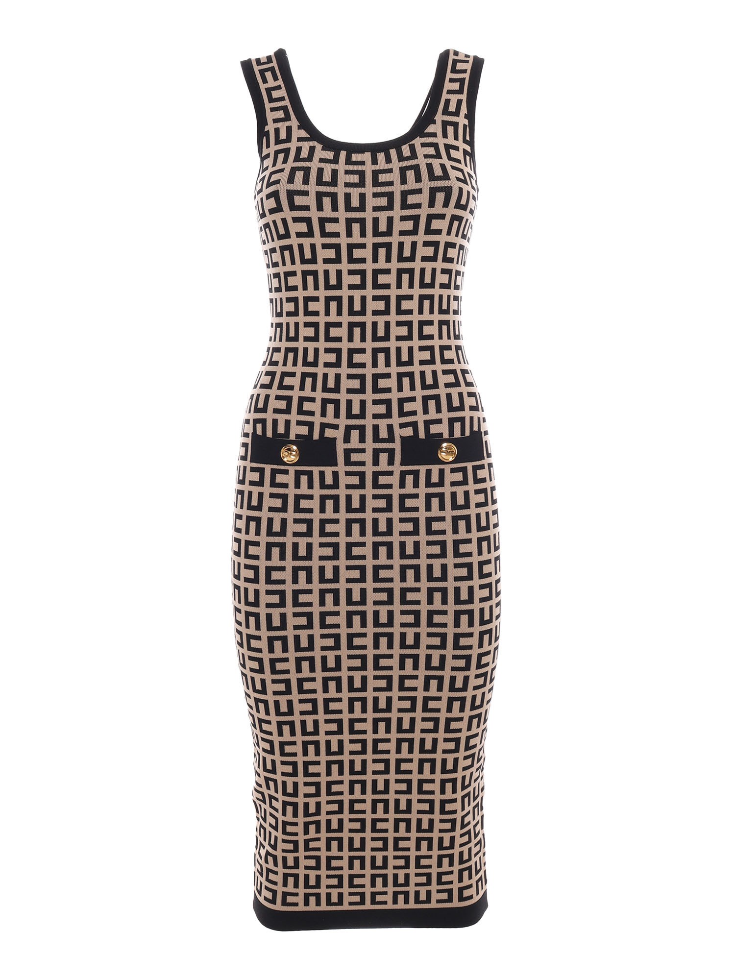 Elisabetta Franchi Longuette Dress With Logos All Over In Beige | ModeSens