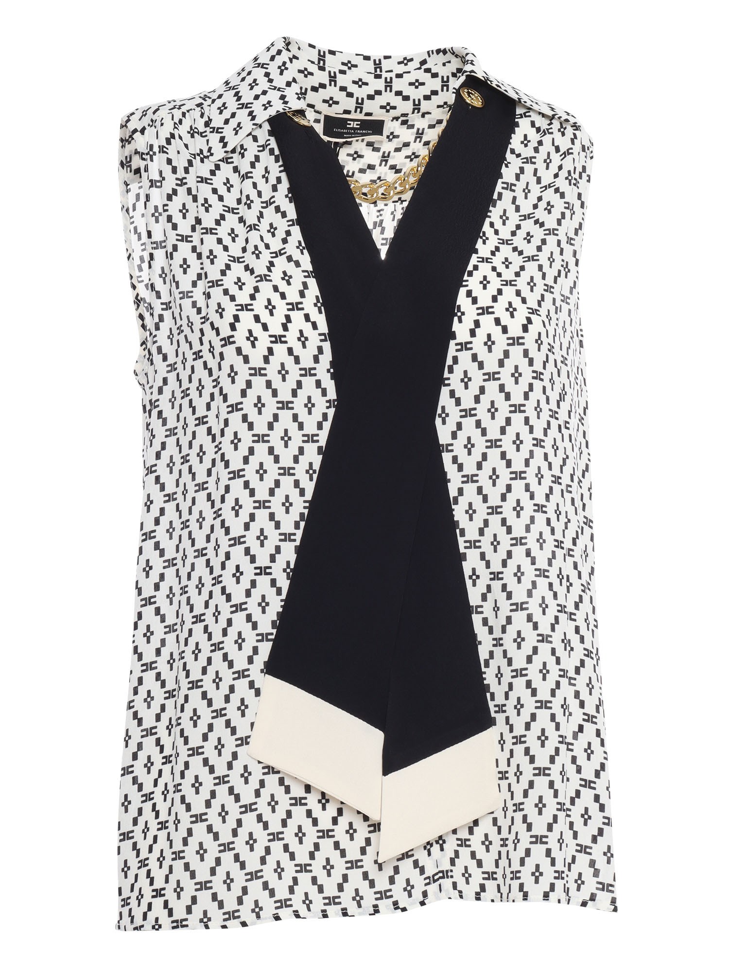 Elisabetta Franchi Blouse With Micropattern And Scarf In Bianco