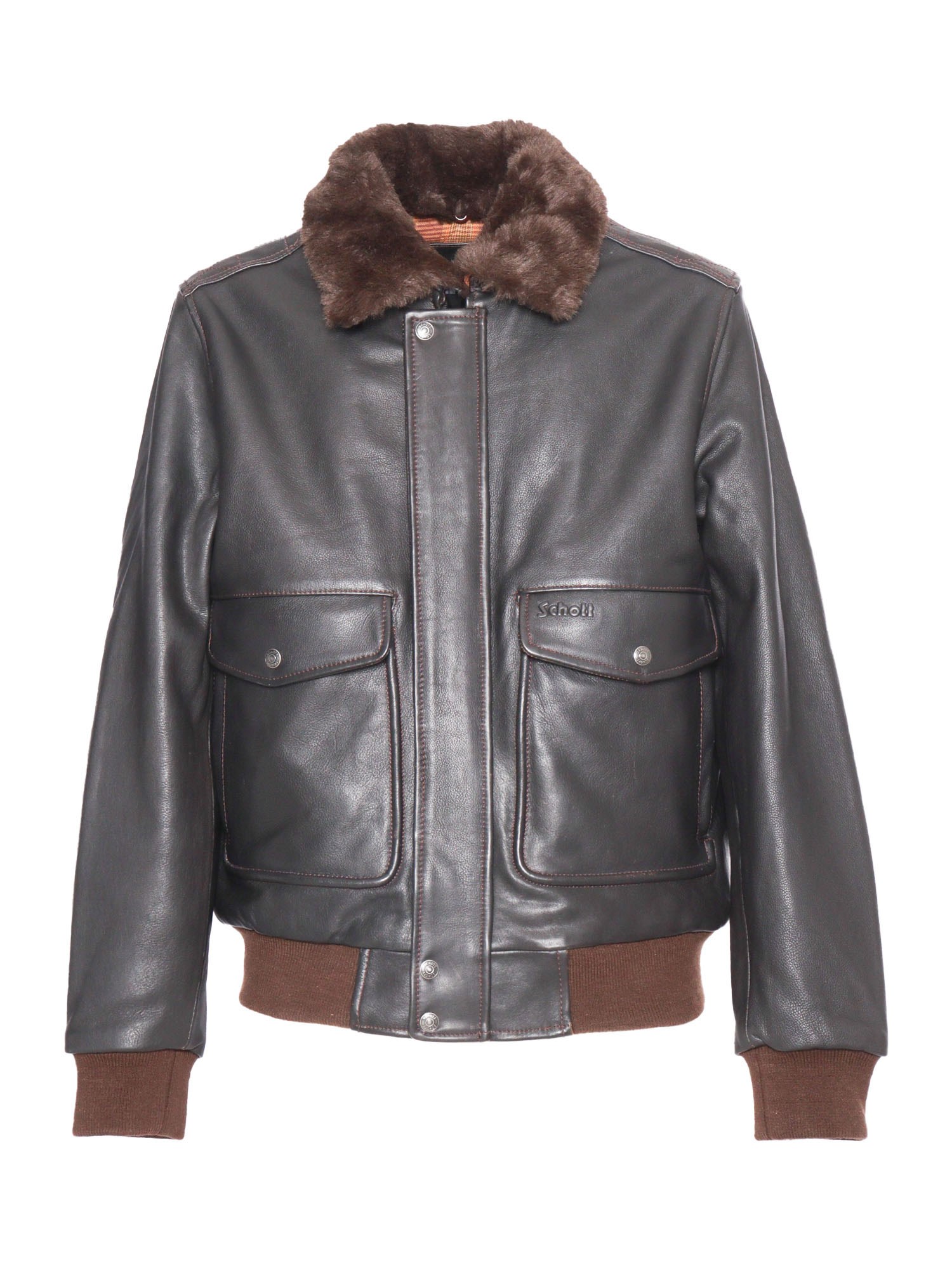 Schott N.y.c. Dark Brown Leather Jacket With Plush Fur Collar In Brown