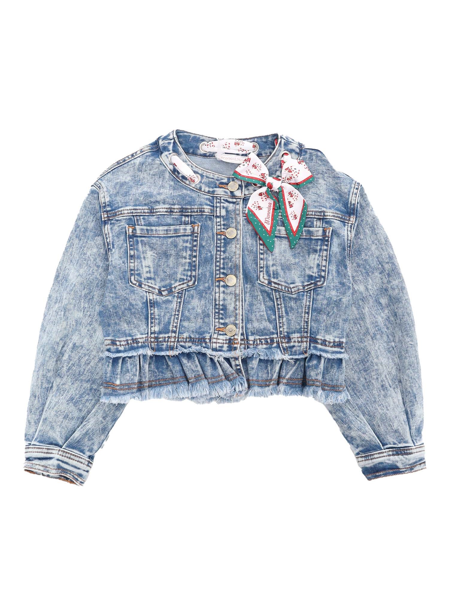 Monnalisa Denim Jacket With Bow In Blue