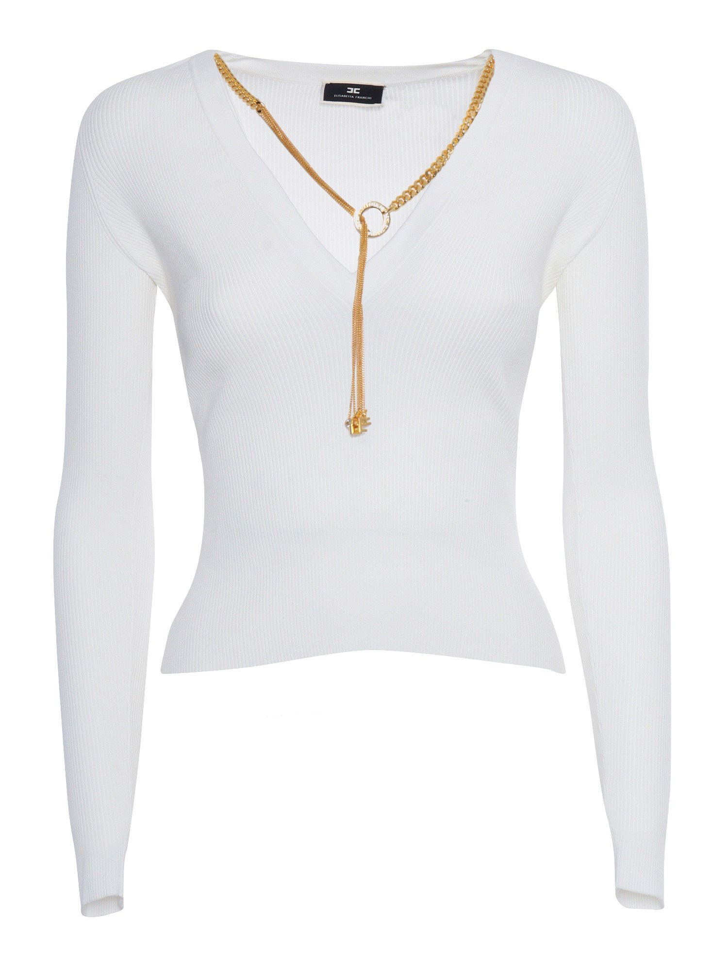 Shop Elisabetta Franchi Tricot Sweater With Jewel In White