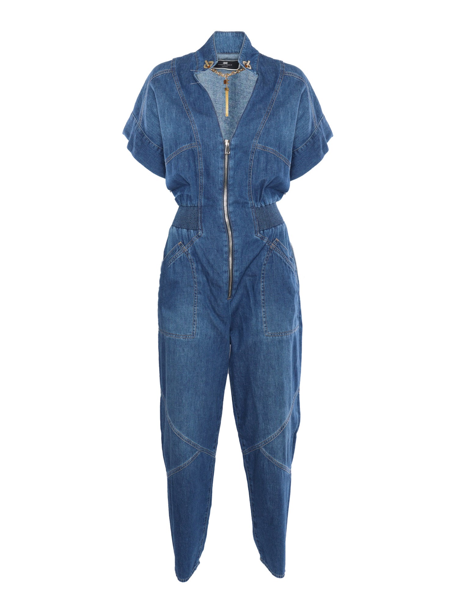 Shop Elisabetta Franchi Long Denim Jumpsuit In Blue
