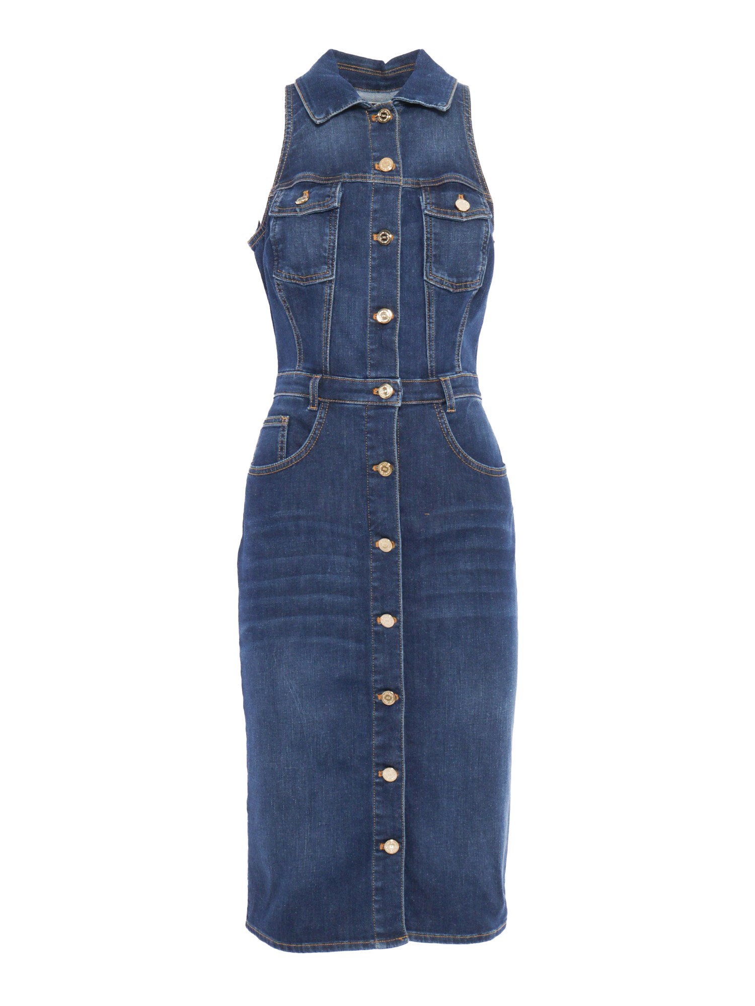 Elisabetta Franchi Denim Midi Dress With Button Placket In Blue