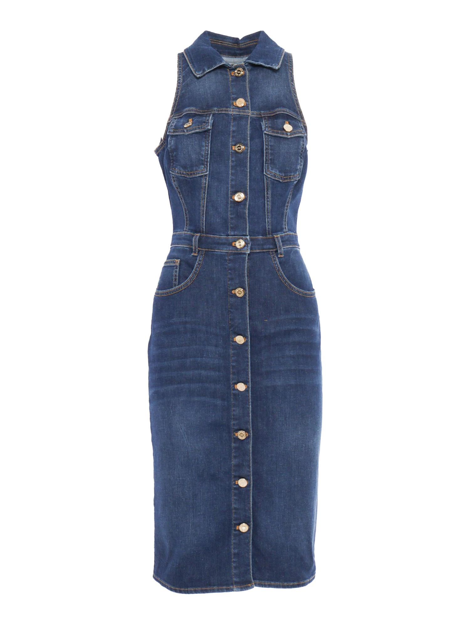 Shop Elisabetta Franchi Sleeveless Denim Shirt Dress In Blue