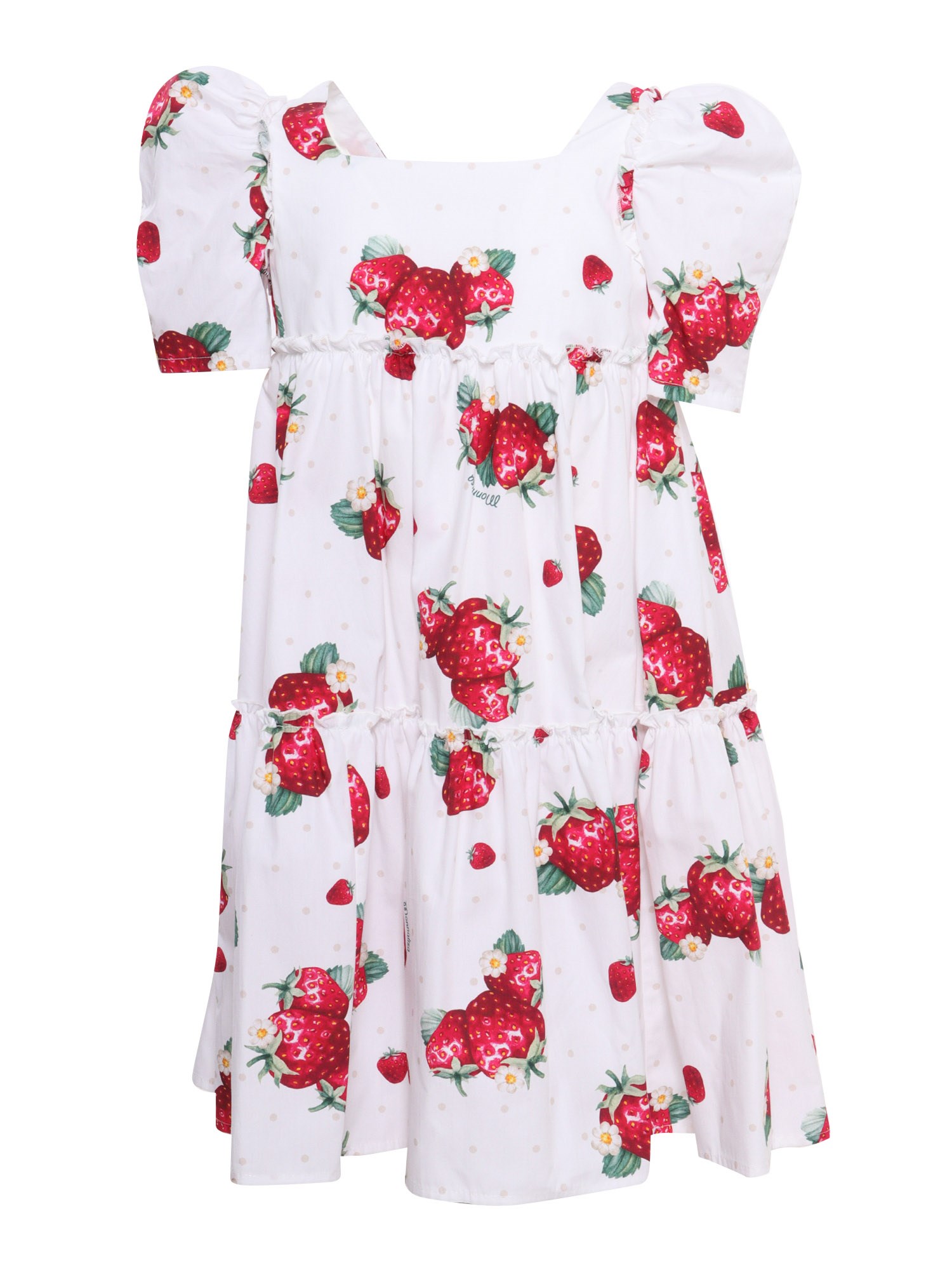 Monnalisa Strawberry-print Tiered Dress In White