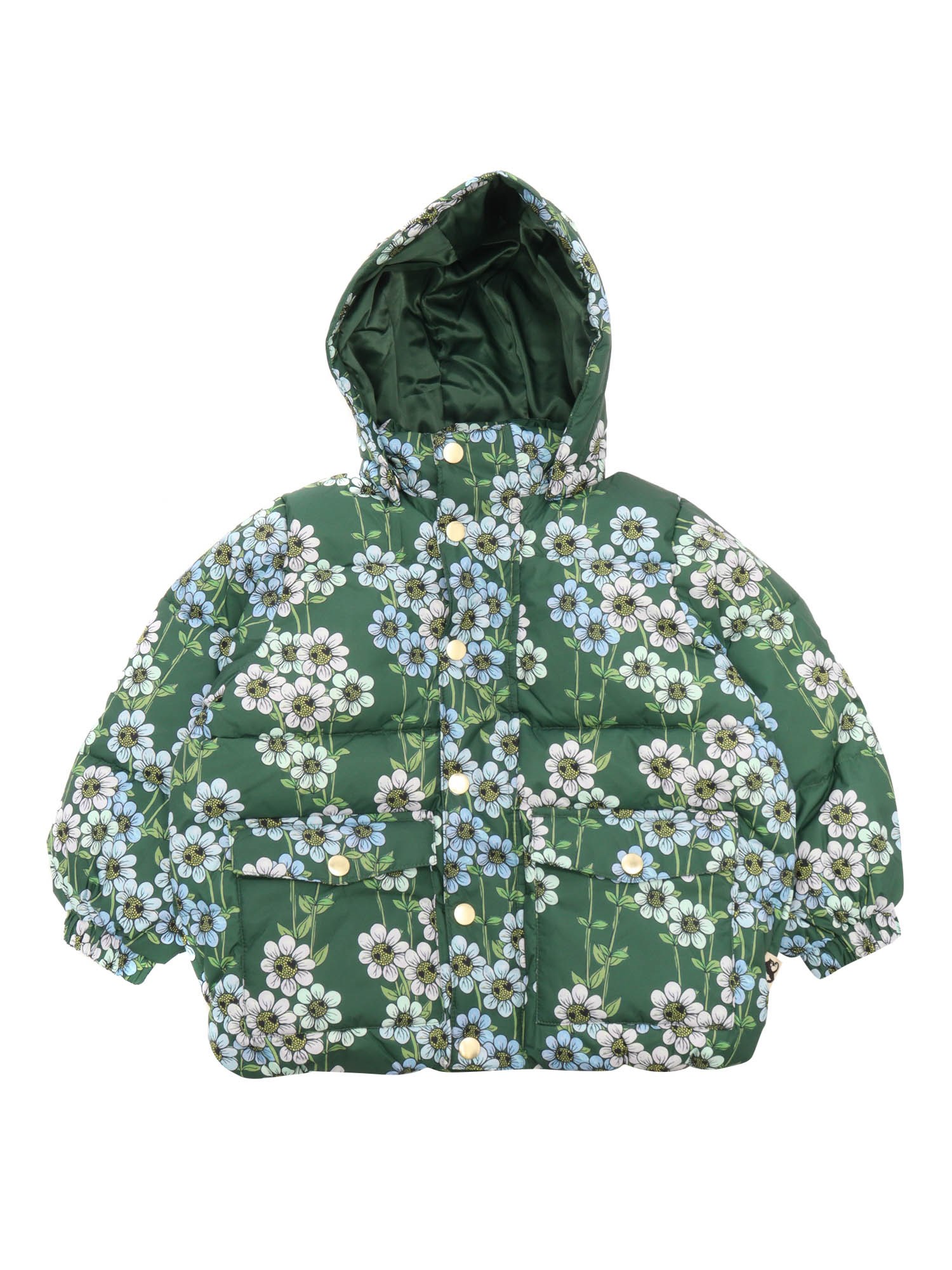 Shop Mini Rodini Daisys Aop Heavy Hooded Puffer Jacket In Green