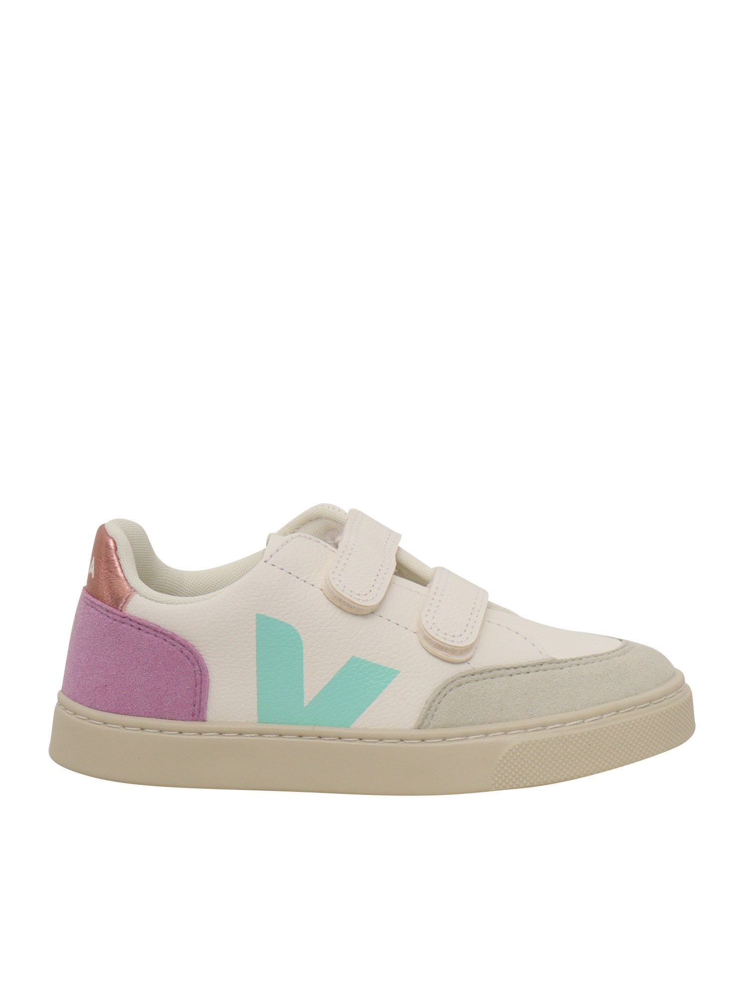 Shop Veja Small V-12 Chromefree Leather Extra-white_multico-orchid Sneakers