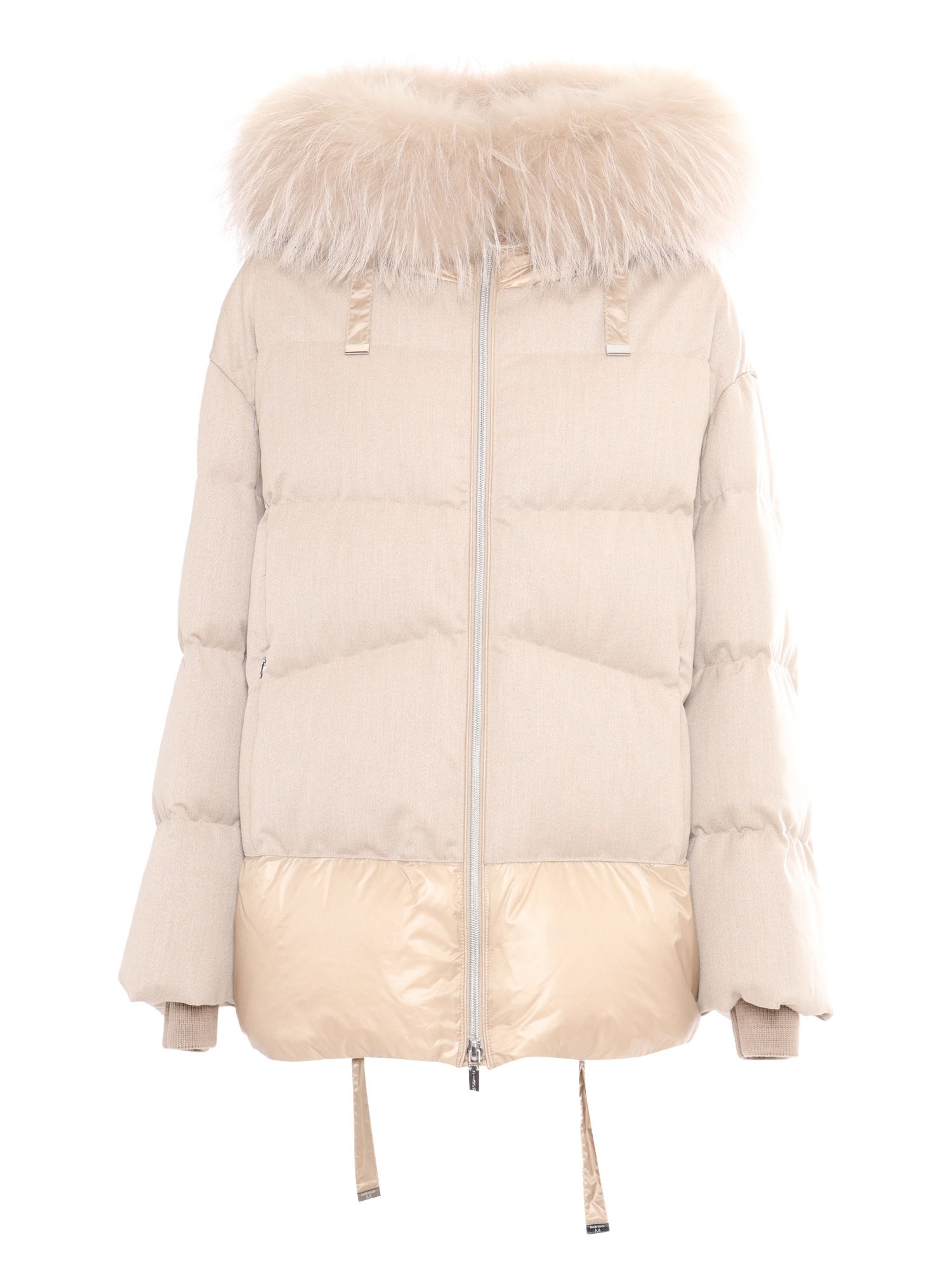 Shop Diego M Down Jacket With Flannel Inserts And Raccoon Fur Detail In Beige