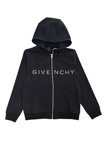 Givenchy Kids Fleece hooded cardigan, 85% organic cotton 15% polyester, front zip closure, kangaroo pocket, Givenchy print on front, 4G print on back.