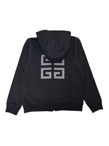 Givenchy Kids Fleece hooded cardigan, 85% organic cotton 15% polyester, front zip closure, kangaroo pocket, Givenchy print on front, 4G print on back.