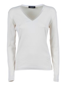 FABIANA FILIPPI RIBBED COTTON V NECK LONG SLEEVE T-SHIRT WITH TULLE TRIM