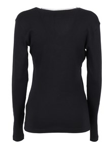 FABIANA FILIPPI RIBBED COTTON V NECK LONG SLEEVE T-SHIRT WITH TULLE TRIM