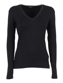 FABIANA FILIPPI RIBBED COTTON V NECK LONG SLEEVE T-SHIRT WITH TULLE TRIM