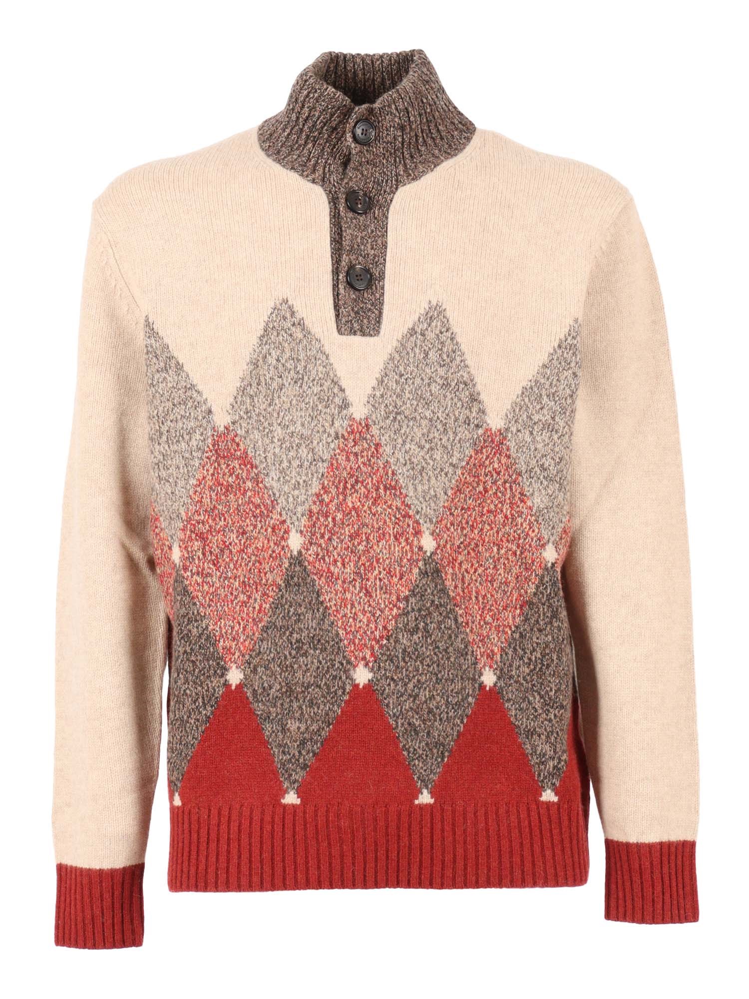 Ballantyne High Ribbed Turtleneck Pullover With Button Detail In Multi