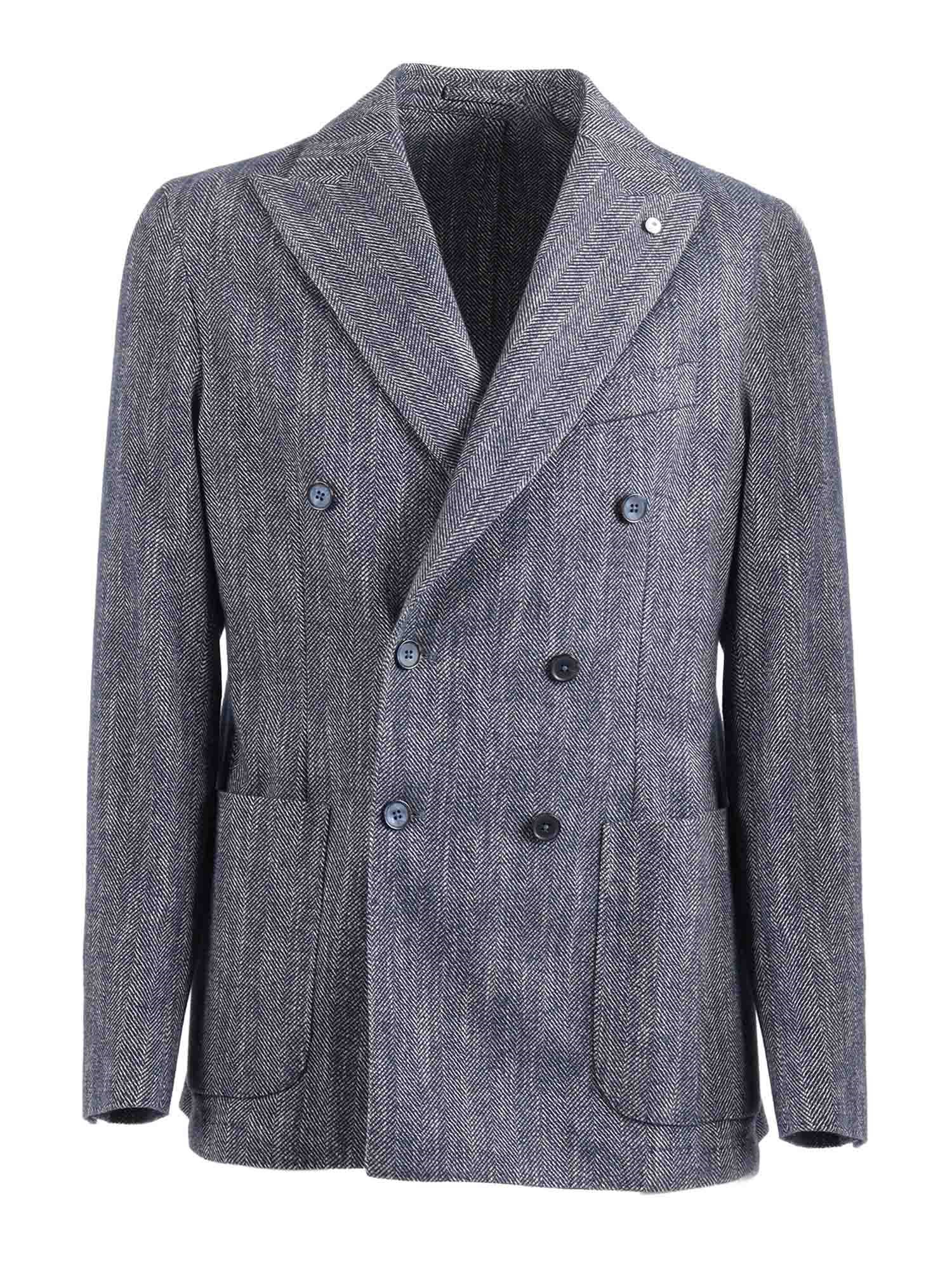 L.b.m 1911 Textured Double Breasted Cotton Jacket In Blue