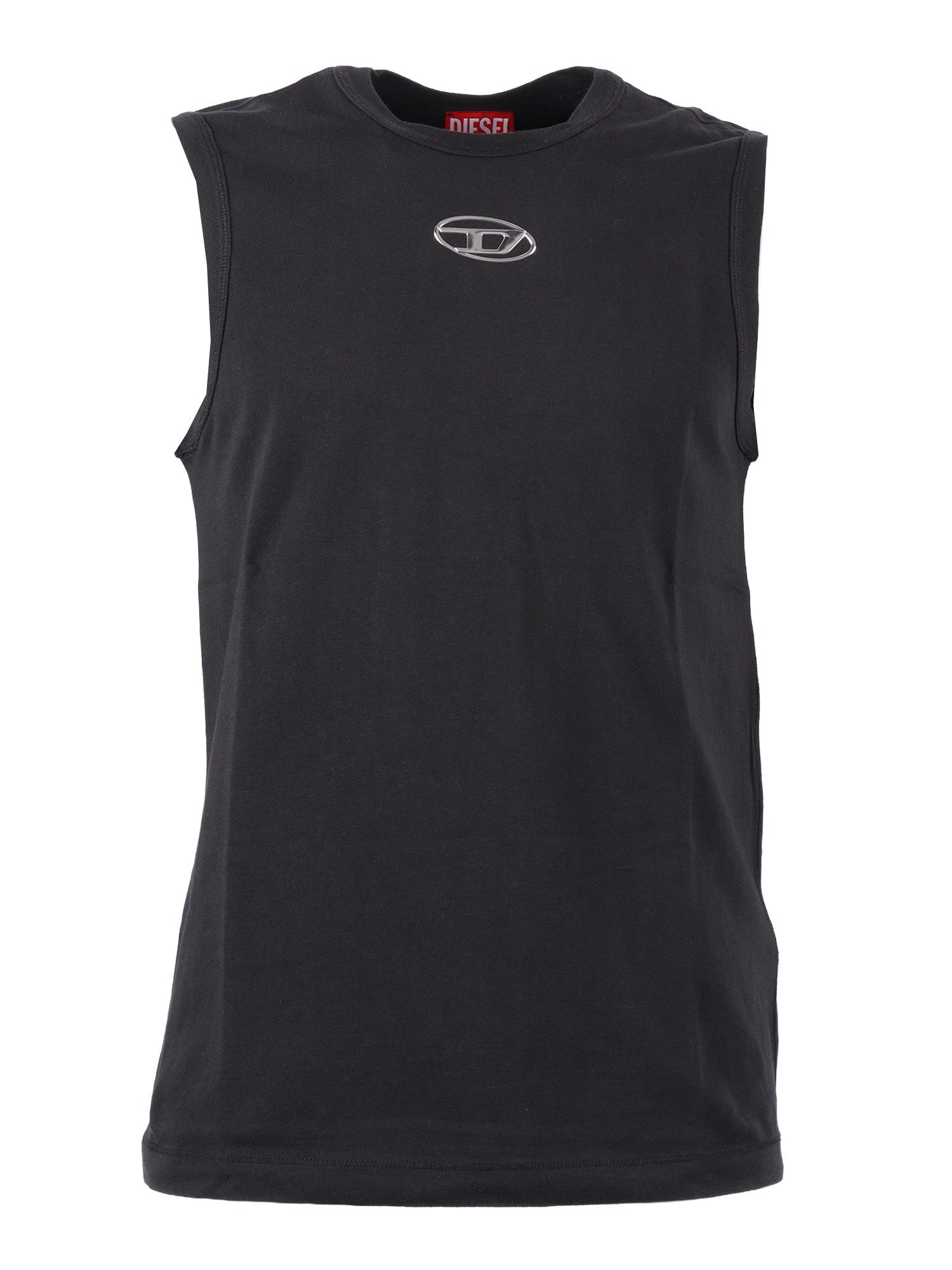 Diesel T-bisco-iod Black Sleeveless Top With Logo Detail On The Front In Cotton Man In Metallic