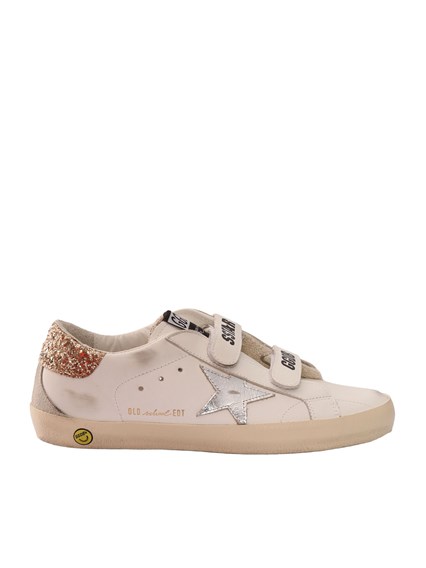 Golden Goose SNEAKERS OLD SCHOOL LEATHER UPPER LAMINATED STAR GLITTER HEEL SUEDE SPUR WHITE/SILVER/LIGHT GOLD/ICE
