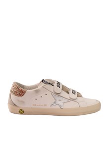 Golden Goose SNEAKERS OLD SCHOOL LEATHER UPPER LAMINATED STAR GLITTER HEEL SUEDE SPUR WHITE/SILVER/LIGHT GOLD/ICE