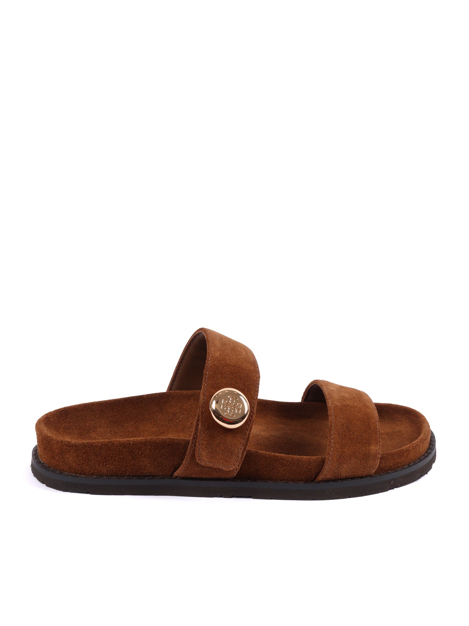 Tory Burch Romy Brown Sandals With Logo Plaque On The Front In Suede Woman In Multi
