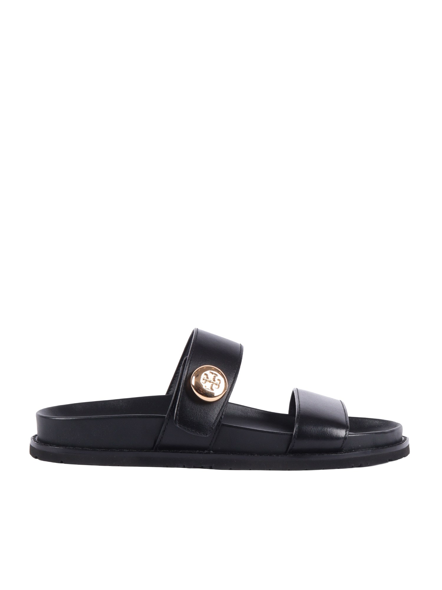 Tory Burch Romy Leather Double Strap Slide Sandals In Black