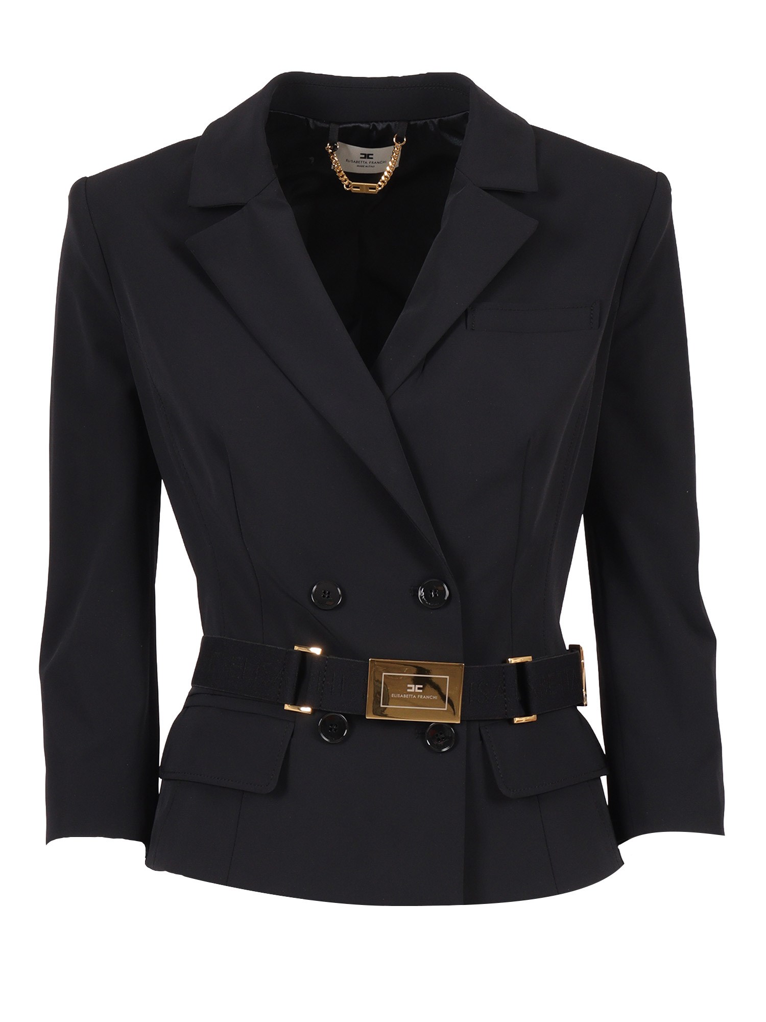 Elisabetta Franchi Jacket In Stretch Technical Fabric With Belt In Blue