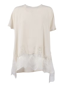 FABIANA FILIPPI TOP MANICA CORTA IN CREPE DE CHINE CON PIZZO AL FONDO COLOR BURRO