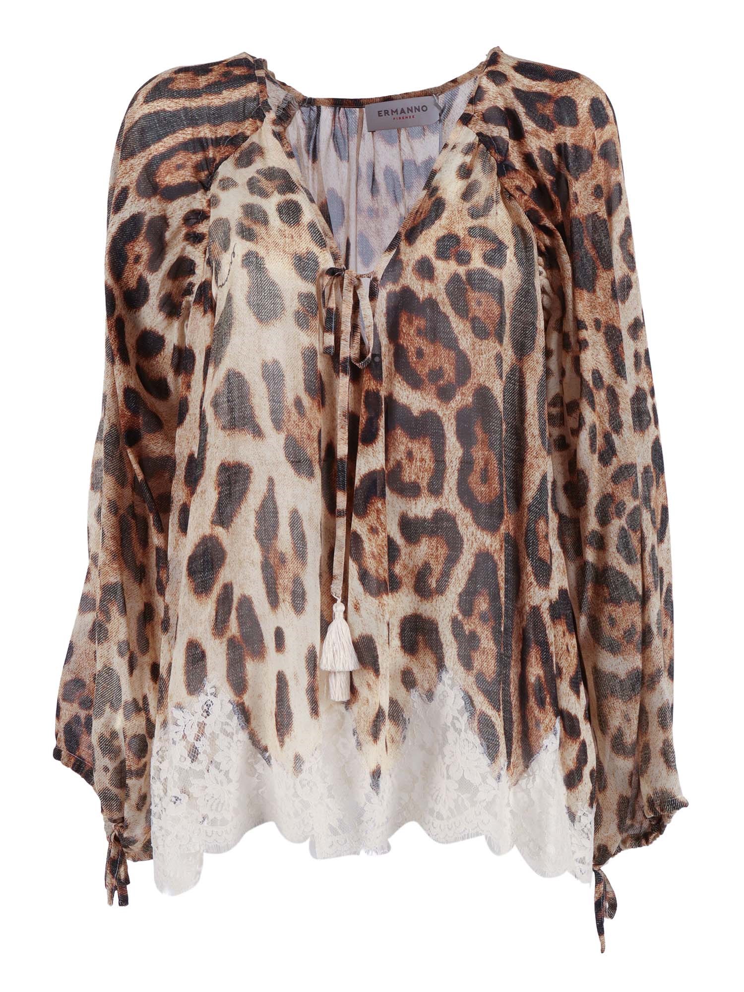 Ermanno Firenze Leopard-print Lace-trim Blouse In Brown