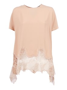 FABIANA FILIPPI CREPE DE CHINE SHORT SLEEVE TOP WITH LACE BOTTM BAND