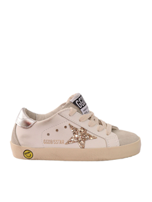Golden Goose SNEAKERS SUPER STAR LEATHER UPPER SUEDE TOE AND SPUR GLITTER STAR LAMINATED HEEL WHITE/ICE/GOLD/SILVER