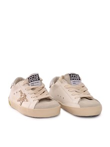 GOLDEN GOOSE SNEAKERS SUPER STAR LEATHER UPPER SUEDE TOE AND SPUR GLITTER STAR LAMINATED HEEL WHITE/ICE/GOLD/SILVER