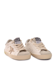 Golden Goose SNEAKERS SUPER STAR LEATHER UPPER SUEDE TOE AND SPUR GLITTER STAR LAMINATED HEEL WHITE/ICE/GOLD/SILVER