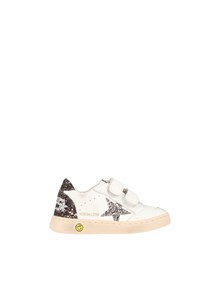 Golden Goose SNEAKERS BALL STAR STRAP LEATHER UPPER TOE AND STRAP GLITTER STAR HEEL AND SPUR WHITE/CINDER/LIGHT BROWN
