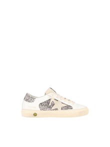 Golden Goose SNEAKERS MAY LEATHER AND GLITTER UPPER SUEDE STAR GLITTER HEEL OPTIC WHITE/CINDER/SEED PEARL