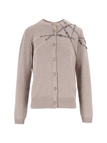 FABIANA FILIPPI CARDIGAN GIROCOLLO IN PLATINUM CON RICAMO STRASS COLOR MOKA MERINGA
