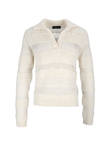FABIANA FILIPPI PLATINUM MOHAIR V NECK POLO SWEATER WITH SEQUIN STRIPE