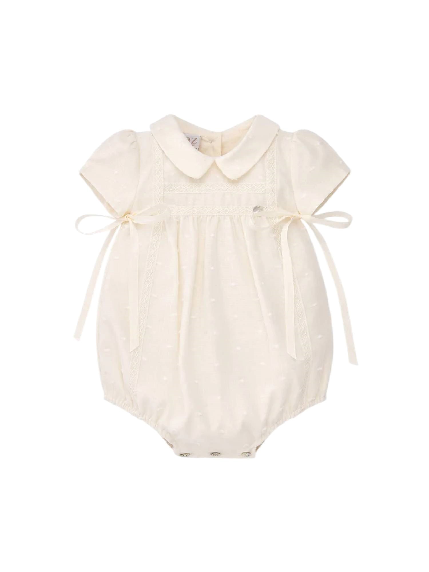 Paz Rodriguez Woven Newborn Romper "esencial" In Beige